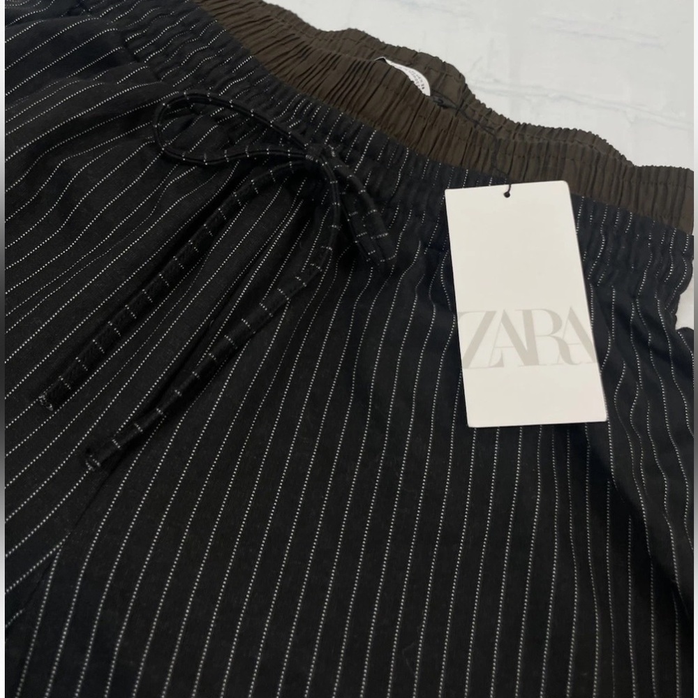 Zara PINSTRIPE BOXER SHORTS Woman’s Size M NEW Black Brown Pockets Elastic Waist - Picture 6 of 15